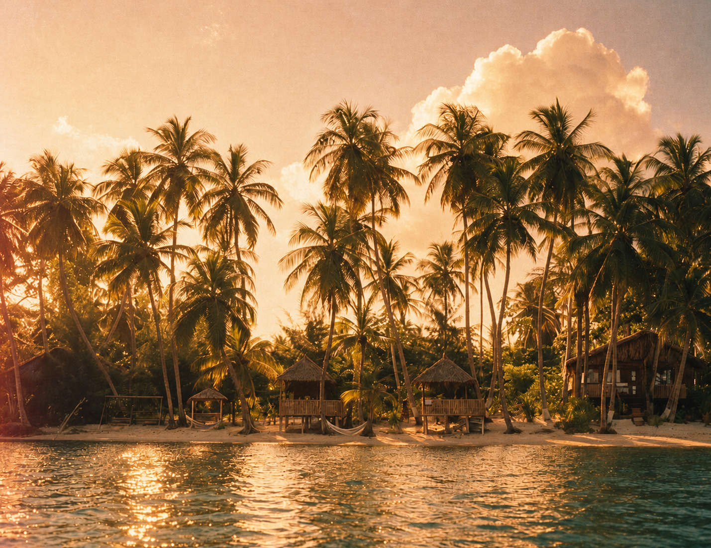 Cocoteraie du Paradise Camp au coucher du soleil